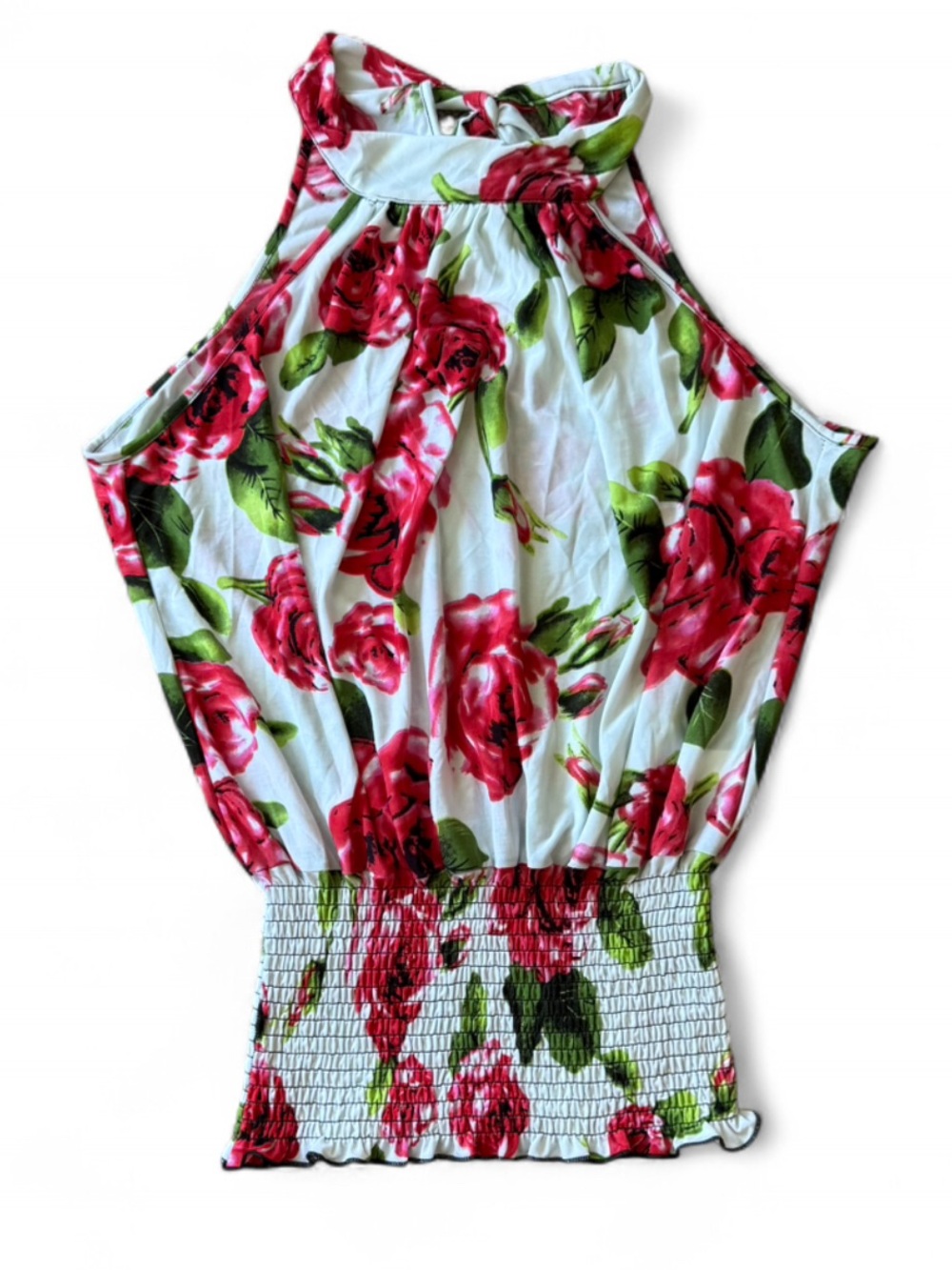 Floral Halter Neck Blouson Top Red Rose Print Smocked Waist Size Medium - Picture 2 of 4